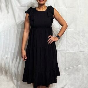 Old Navy Black Flutter-Sleeve Tiered Smocked Midi Dress Sz S